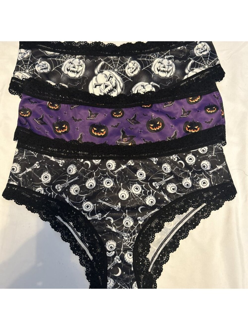 Morvia 3pk lace trim Skater goth Emo panties XXL Eyeballs & Jack-o-lantern Biker